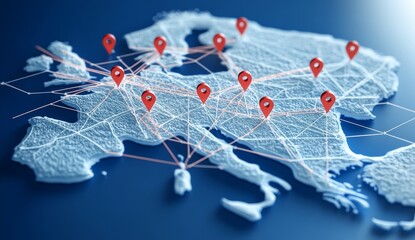 3D map of Europe with red pins for travel planning