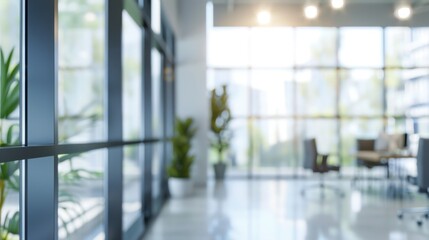 Blurred office interior background. Empty light open space office with big windows, many glasses walls, desks, chairs and green plants. Modern indoor business environment