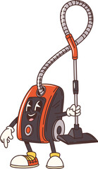 Poster - Cartoon vacuum cleaner groovy cleaning and household appliance character with a smiling face, holding its hose and wears sneakers. Isolated vector funky and playful retro electronic tool personage