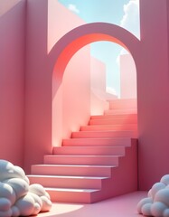 Leinwandbilder - Pink archway leads to staircase in dreamlike scene. Cloud shapes sit on pink floor. Futuristic design features geometric steps. Empty space suggests blank canvas for product showcase. Minimalist