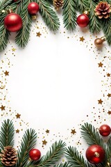 Wall Mural - Vertical composition Christmas card with red & gold christmas decorations on white background. Golden stars	