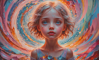 Wall Mural - Girl with blue eyes and blonde hair is in the center of a colorful swirl. She is wearing a white dress