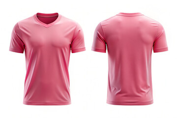 Wall Mural - Blank Pink v-neck t-shirt template. Front and back view, Realistic short sleeve t-shirt mockup, isolated on white background. 3d rendering