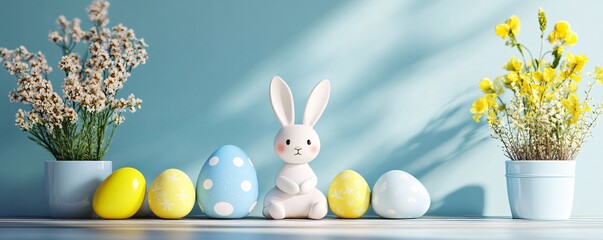 Wall Mural - Easter bunny sitting with colorful eggs and spring flowers on blue background