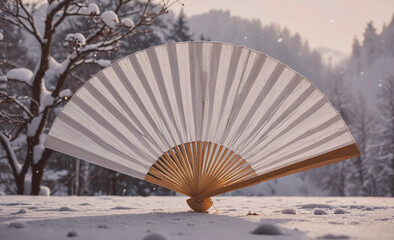 Poster - White fan is laying on the snow. The fan is open and has a wooden handle. The snow is white and covers the ground