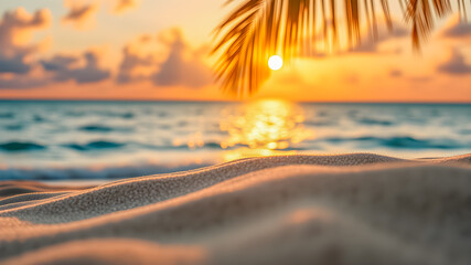 Wall Mural - Picturesque relaxing beach closeup, abstract artistic sand texture with sunset sea sky view, horizon panoramic background. blur bokeh light of calm sea and sky. Summer nature vacation concept. Ai