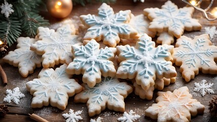 Wall Mural - Beautiful snowflake-shaped cookies decorated with icing on a rustic wooden table, spritz cookies