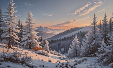 Poster - Snowy landscape with a path through the woods. Trees are covered in snow and the sky is blue