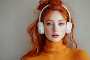 Wall Mural - A woman with red hair and orange sweater is wearing headphones