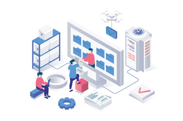 Fototapete - Electronic organization files 3d isometric concept in geometry graphic design for web. People managing digital documents in folders and interacting catalog at computer screen. Vector illustration.