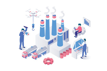 Aufkleber - Industrial production 3d isometric concept in geometry graphic design for web. People work at factory infrastructure with chimney pipes, using trucks for transportation logistic. Vector illustration.