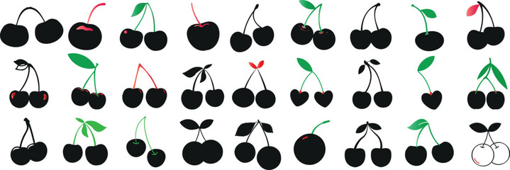 Wall Mural - cherry silhouette vector set, cherries illustration featuring black cherry silhouettes with stems, l