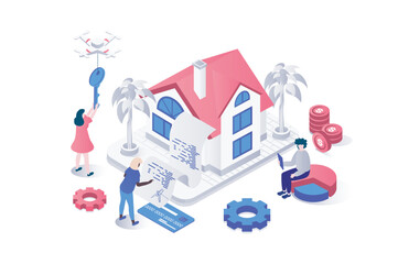 Poster - Mortgage investment 3d isometric concept in geometry graphic design for web. People buying new home, concluding property money contract with bank and investing in real estate. Vector illustration.