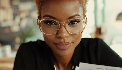 Wall Mural - Focus on innovation a close-up of a businesswoman with stylish glasses modern office portrait professional environment embracing creativity and vision