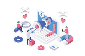 Leinwandbilder - Social media marketing 3d isometric concept in geometry graphic design for web. People making online advertisement, promotion campaign, create branding, attract new customers. Vector illustration.