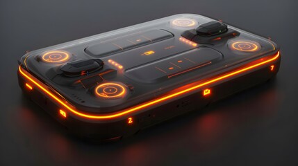 Wall Mural - futuristic transparent device with orange glowing interface.