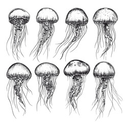 Wall Mural - Jellyfish Set Detailed Vintage Engraving Illustration White Background with Intricate Texture Classic Marine Life Art Antique Style Ethereal Creatures Graphic Vintage Ocean Design