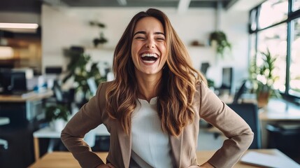 Poster - Joyful businesswoman laughing in modern office space professional lifestyle photography bright and inviting environment optimistic perspective for seo impact