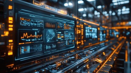 Poster - Futuristic Digital Interface with Vibrant Neon Displays Featuring Data Analysis, Graphs, and Statistics in a High-Tech Environment