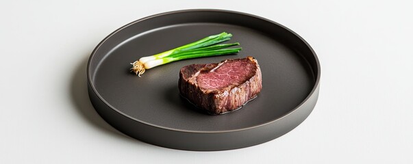 A beautifully plated steak with green onions on a sleek black plate, showcasing modern culinary presentation.