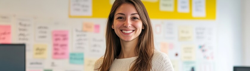 Poster - Inspiring businesswoman smiling modern office professional portrait bright environment front view empowerment and success