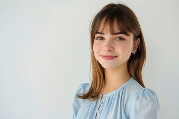 Wall Mural - soft features long hair, smiles gently woman while wearing blue shirt against simple plain background. Her relaxed posture calm expression convey sense of ease natural beauty.