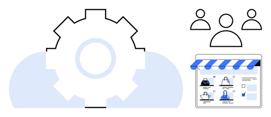 Gear within cloud, three user icons, and web store interface. Ideal for cloud computing, team collaboration, online shopping, e-commerce management, web development, system integration