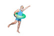 © deagreez - Full body profile side photo of retired pensioner raise his hand running holding green toy ring wear striped bathing suit eyewear eyeglasses isolated over blue background