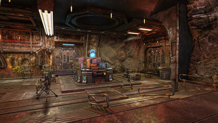 Wall Mural - cyberpunk science fiction underground military bunker. 3d rendering.
