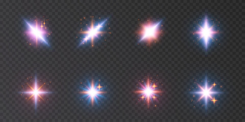 Poster - Abstract set of colorful light effects, twinkling bright stars. For graphic web design and illustration design.