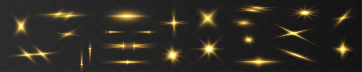 Wall Mural - set of shining glowing stars with golden sparks and isolated light effects including beams from a sp