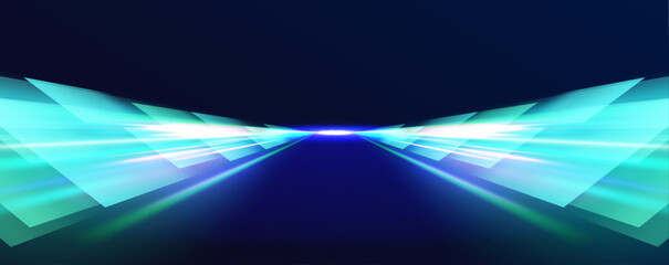 Wall Mural - horizontal night road in the form of a panorama with green neon lights. city light trails motion bac