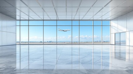  Modern Empty Airport Terminal, Panoramic Windows with Cityscape View and Airplane Taking Flight