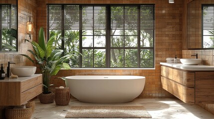 Wall Mural - Elegant bathroom interior design featuring a freestanding tub and natural elements in a bright tropical setting