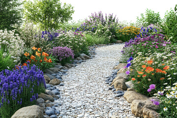 Poster - A vibrant garden path lined with colorful flowers on a white background. PNG transparent.