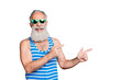 © deagreez - Close-up portrait of nice attractive confident content cheerful cheery glad gray-haired man pointing advice ad advert copy space isolated over bright vivid shine turquoise blue background