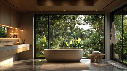 Wall Mural - Modern bathroom with large tub and garden view creating a serene relaxation space in nature