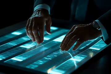 Wall Mural - futuristic tech: hands interacting with a luminous digital interface. exploring the future of data a