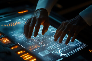 Wall Mural - futuristic technology interface: hands interacting with a sleek digital screen displaying complex da