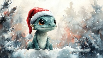 Aufkleber - Watercolor illustration of a dragon wearing a Christmas hat on a white background, symbolizing the year 2024