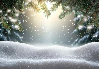Poster - Christmas landscape with fir tree and snow on a winter background. Happy New Year greeting card with copy-space.