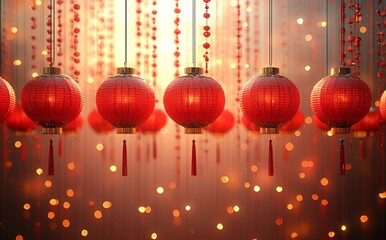 Aufkleber - The Chinese new year poster features photorealistic red lanterns, copy space, bokeh, and a defocused background.