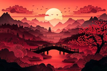 Aufkleber - Happy Chinese New Year composition. Paper cut and blossom flowers on a red background. A paper-style Chinese New Year composition.