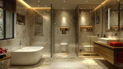 Wall Mural - Modern bathroom featuring stylish fixtures, elegant lighting, and a spacious layout for relaxation and comfort