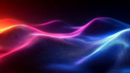 Wall Mural - abstract glowing wave of particles, red, blue, and pink colors on dark background.