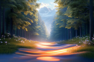 Fototapete - A beautiful mountain landscape at sunrise, featuring a tranquil river winding through a lush forest.
