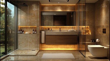 Wall Mural - Sophisticated modern bathroom with glass walls and elegant lighting design