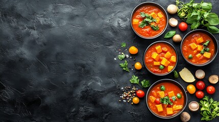 Wall Mural - Spicy Tomato Soup with Vegetables, Greens and Herbs in Black Bowls, Top View, Copy Space