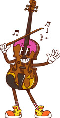 Poster - Cartoon groovy violin musical character. Isolated vector fiddle instrument personage playing classic music on itself. Musician equipment with smiling face and bow in hand promoting educational classes