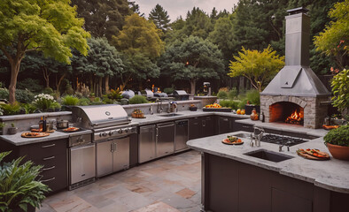 Poster - Large outdoor kitchen with a grill, oven, and sink. There are several bottles and bowls on the counter